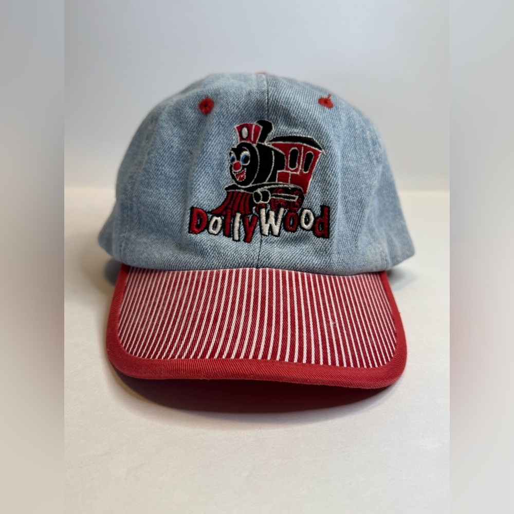 Vintage Dollywood Youth Kid Size Train Engineer Denim Red Striped Cap Hat